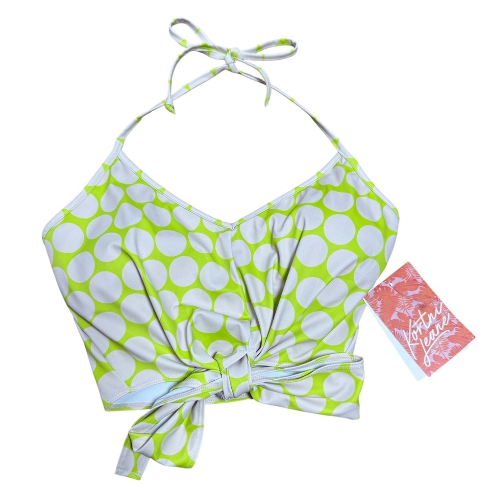 Kortni Jeane Women's Halter Top Tie‎ Front Neon Green Polka Dot Medium